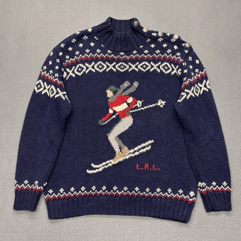 Lauren Ralph Lauren Navy Ski Jumper Sweater with Red, Cream, Gray, Brown Accents - Picture 2 of 16